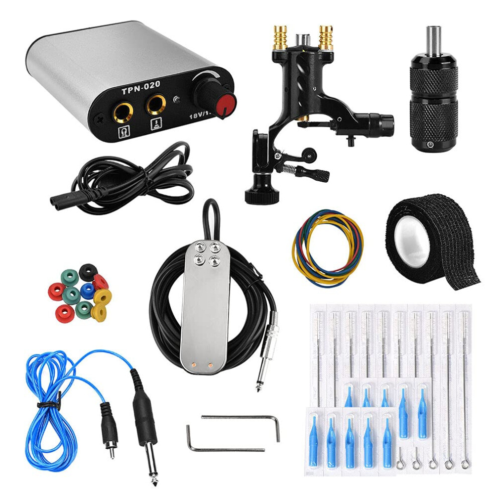 Black Professional Rotary Tattoo Machine Kit With Power Supply Needles Low Vibration