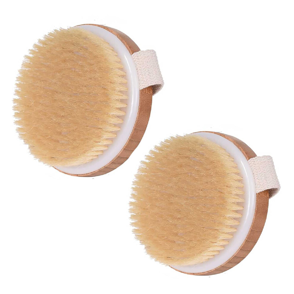 2PCS Dry Body Brush Natural Bristles for Gentle Skin Exfoliation and Massage, Wooden Palm Grip