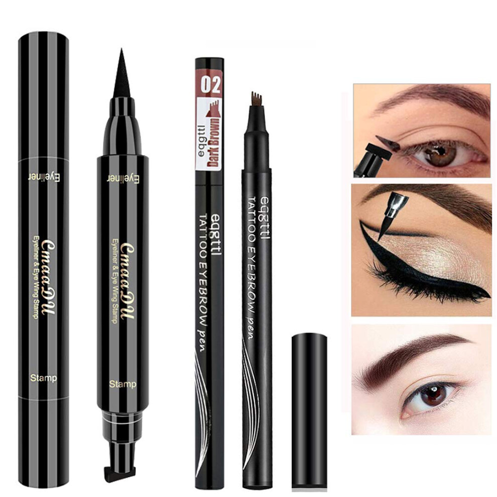 Dark/Brown Winged Eyeliner Stamp And Microfork Brow Pencil Set, Waterproof Longlasting Dual Ended Design