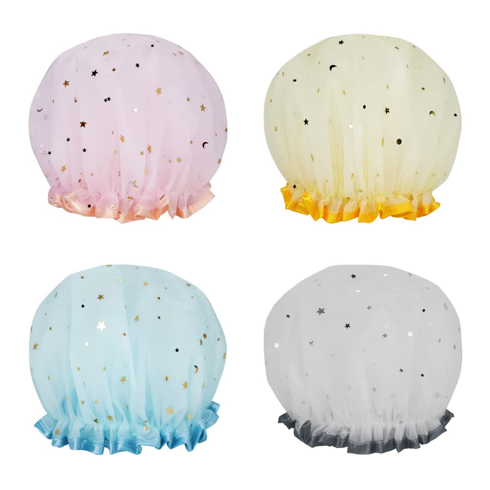 Waterproof Shower Cap for Women, Reusable DoubleLayer Star Design, Small Medium Size