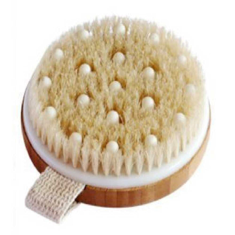 Natural Bristle Body Brush with Wooden Handle for Gentle Exfoliation and Soft Massage Nodules