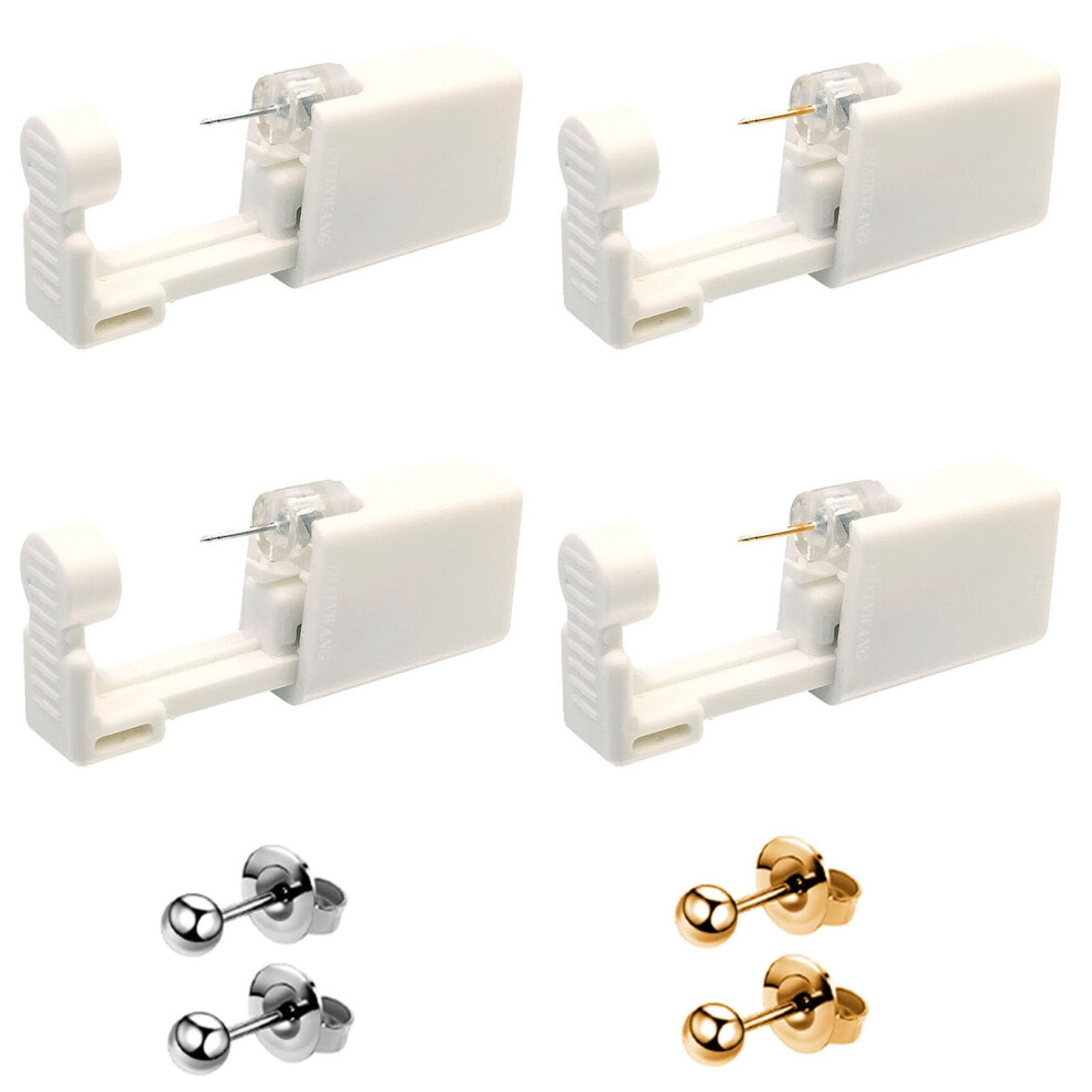 Silver/Gold Self Ear Piercing Kit 4Pcs Disposable Ear Piercing Gun With 3Mm Studs For Home And Salon Use