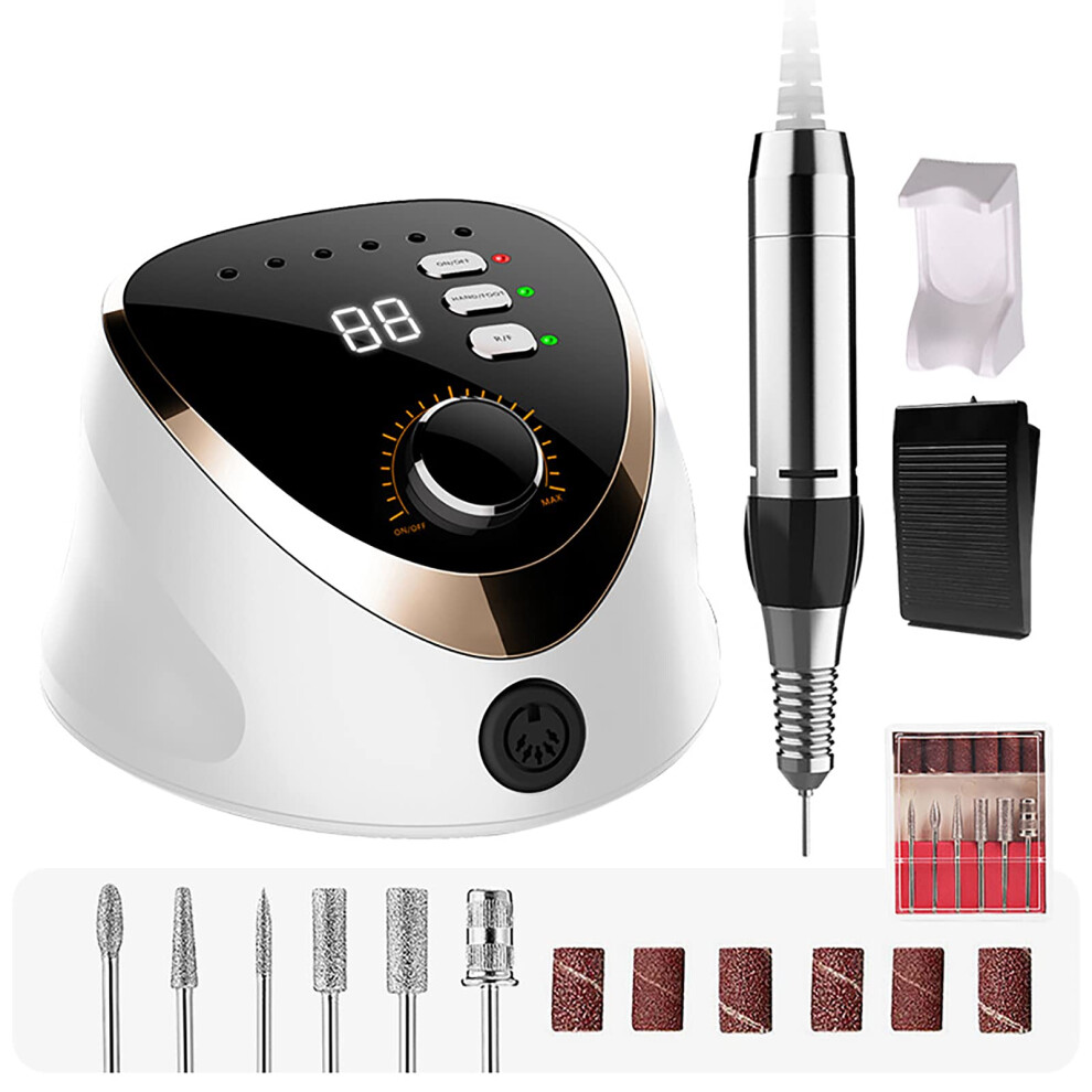 White Electric Nail Drill 35000 Rpm Rechargeable Professional Nail File Kit With Foot Pedal