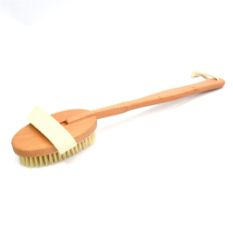 Dry Body Brush with Long Handle and Natural Boar Bristles for Exfoliating Skin and Bath Use