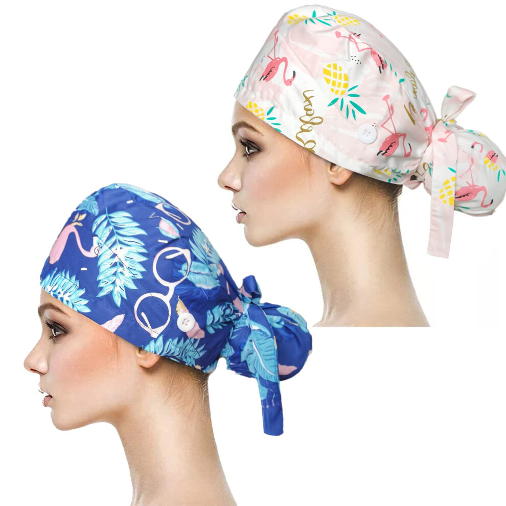 Scrub Cap With Buttons And Sweatband, Cotton Ponytail Bouffant Hat Flamingo Print Adjustable Fit 9450606292698