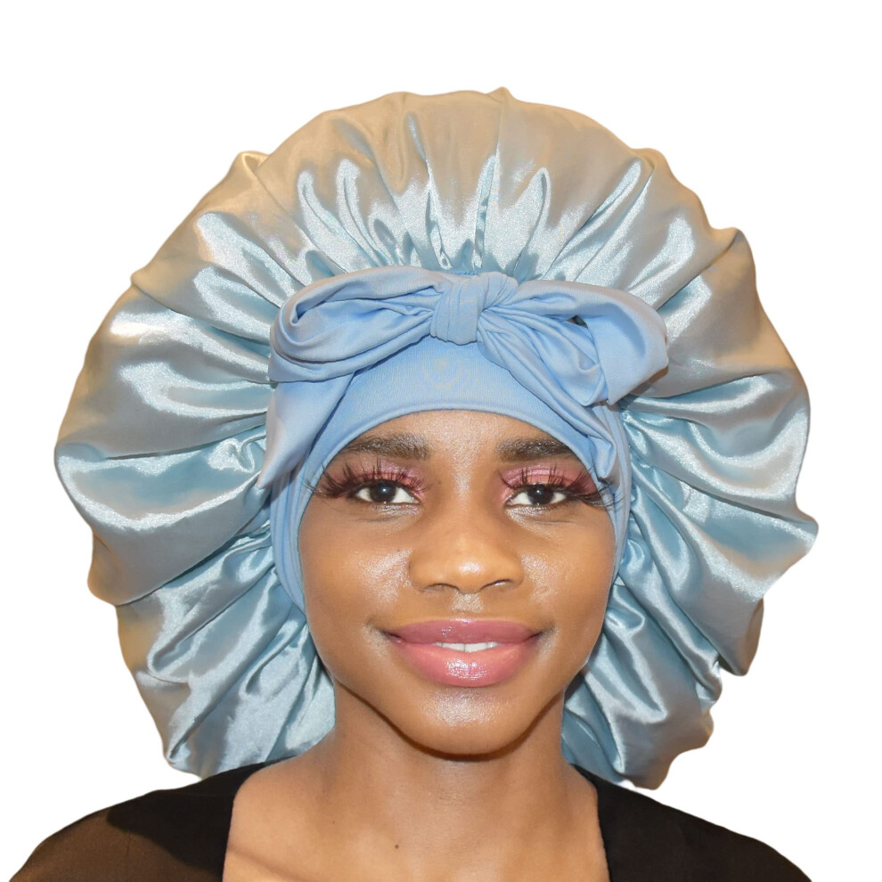 Oversized Satin Hair Bonnet with Adjustable Tie and Wide Band for Curly Hair Braids Locs Blue