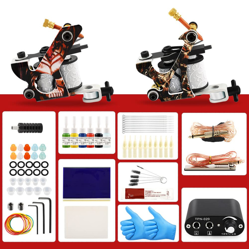 Professional Tattoo Machine Kit 2Pcs Guns with 6 Ink Colors Power Supply for Beginners and Artists