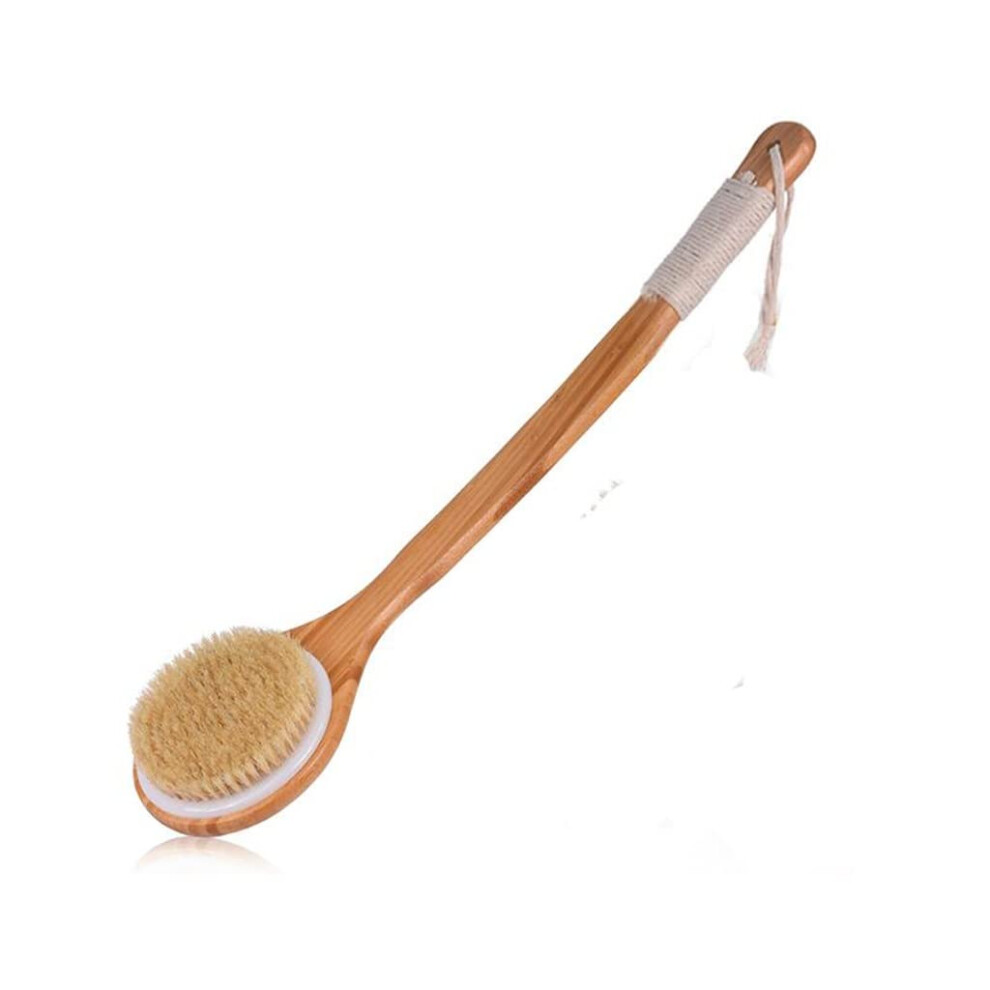 Long Handle Wooden Bath Brush with Natural Bristle Back Scrubber for Body Exfoliation â Beige