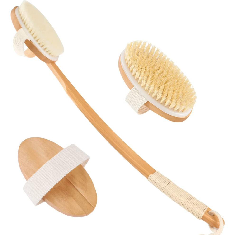 Back Scrubber for Shower with Long Curved Handle, Dual Bristles, Detachable Wooden Bath Brush