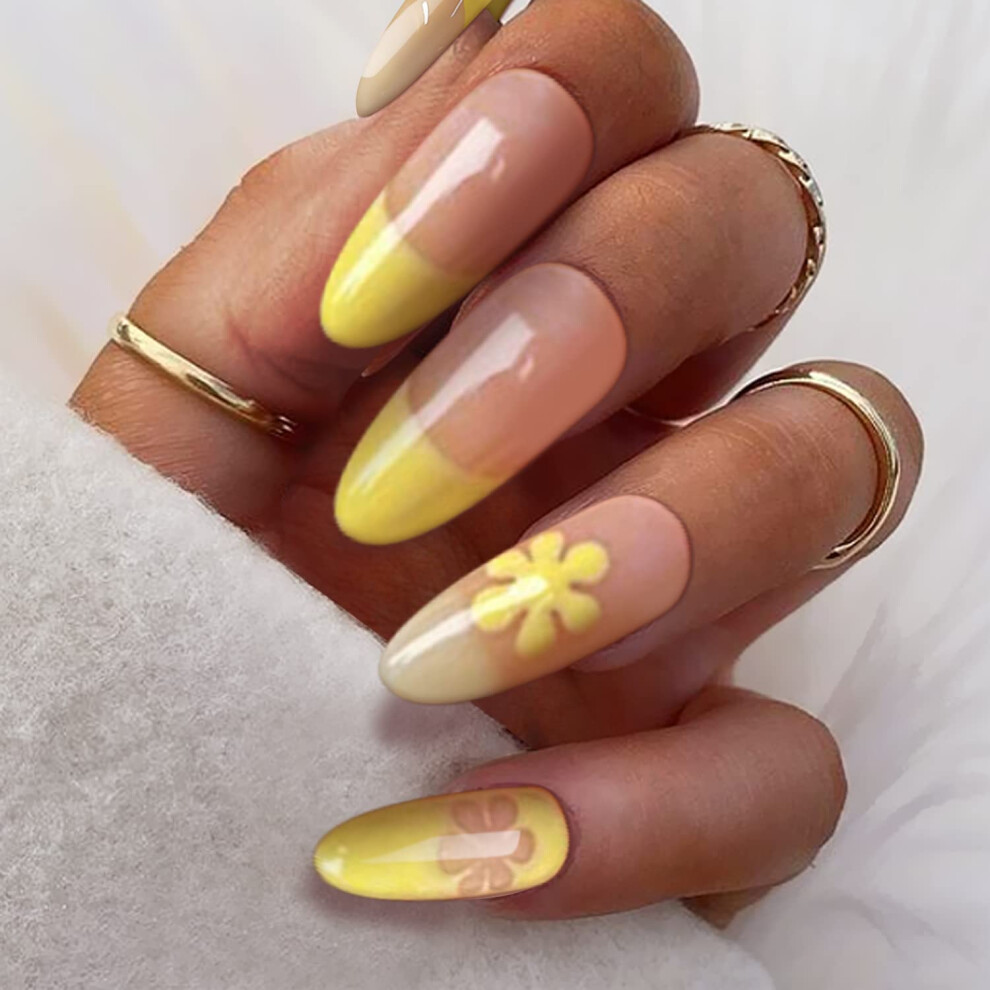 Press On Nails Translucent Almond Shape Acrylic Full Cover French Tip Nails for Instant Salon Look