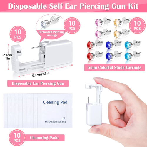 10 Pack Ear Piercing Kit, Disposable Ear Piercing Gun with Hypoallergenic Studs and Precise Spring Trigger for Home and Professional Use 2