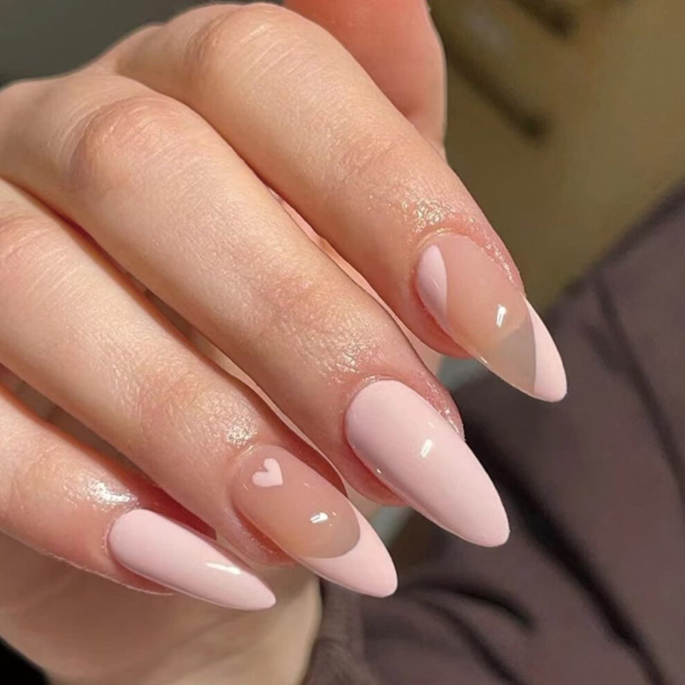 Pink,Cream Pink Almond Shape Press On Nails With French Tips, Glossy Nude Fake Nails For Women And Girls