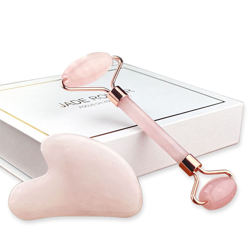 Rose Quartz Face Roller and HeartShaped Gua Sha Set for Facial and Neck Massage with Gift Box