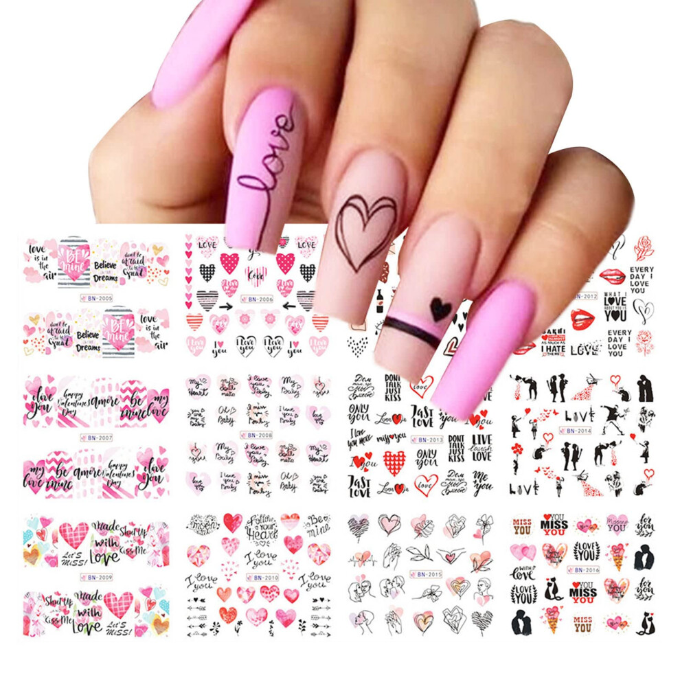 Valentine Nail Stickers with Romantic Hearts and Lips, Self Adhesive Nail Decals for DIY Manicure