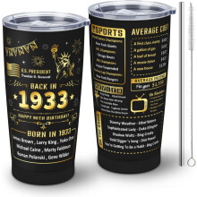 Regali per il 90 compleanno per donne e uomini - Bicchiere termico da 20 oz "Back in 1933" con cannuccia e coperchio - Compatibile con la festa dei
