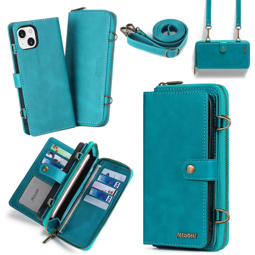 Compatible With Iphone 14 Wallet Case - Detachable Magnetic Design, Rfid Blocking, Zipper Wallet, Crossbody Strap, Card Slots For Iphone 14 6.1" Blue 9164030586383