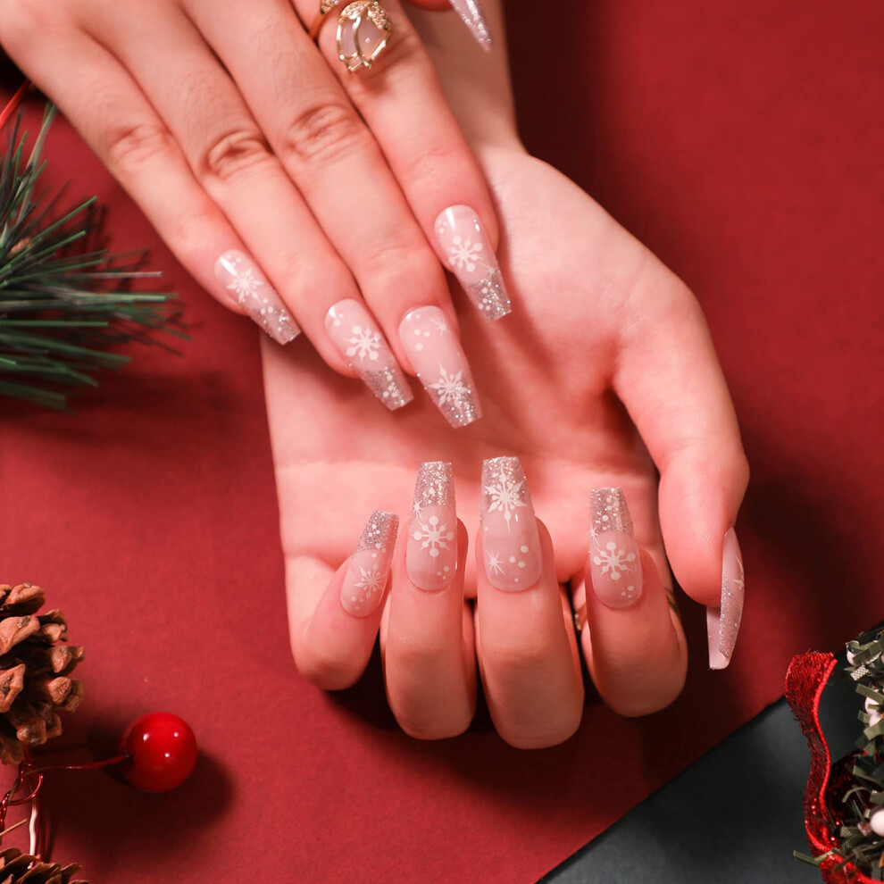 Silver 24Pcs Christmas Snowflake Press On Nails Set, Glitter Medium Acrylic False Nails For Women