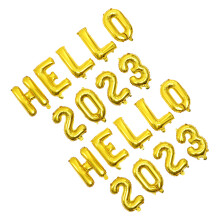 Conjunto de balões para decoração de festa de Ano Novo 2023, com balões de letras e números em película de alumínio.