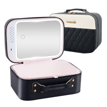 Bolsa de Maquiagem de Viagem Lzvxtym com Espelho LED, Organizador de Cosméticos em Couro PU Impermeável, Espelho Iluminado Ajustável em 3 Níveis,