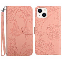 Capa para iPhone 15 Plus com estampa de flores e borboletas, em couro PU, com proteção contra impactos e quedas, e alça de pulso inclusa.