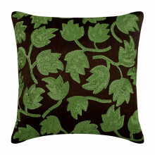 Kussensloop op maat, donkerbruine kussensloop, groene pailletten met bladmotief en botanisch design, vierkante zijden kussensloop van 24x24 inch,