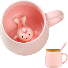 BigNoseDeer Kawaii Pink Unicorn Tasse, 3D Narwal Keramik-Kaffeebecher mit Deckel und Löffel, 400 ml – Süßes Geschenk für Teenager und Frauen