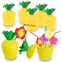 5 stuks ananas drinkbekers met deksels en rietjes, flamingo sticker, luau feestartikelen voor Hawaï, vrijgezellenfeest, verjaardag, Aloha