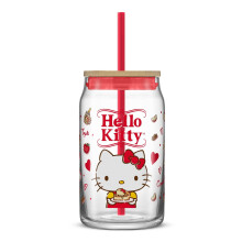 JoyJolt Hello Kitty és barátai kedvenc ízű üvegpohár bambusz tetővel és szívószállal, piros