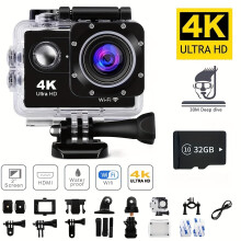 Actionkamera 4K 30FPS 12MP Full HD Wifi-tilkoblet sportskamera Utendørs sykling Dykking HD-kamera med 32G-kort