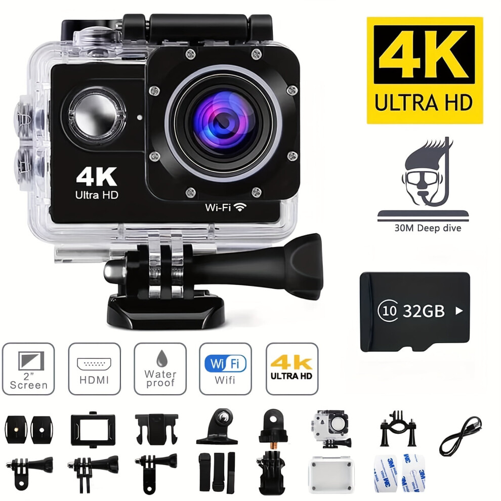 Action Camera 4K 30Fps 12Mp Full Hd Wifi Connected Sports Camera Outdoor Cycling Diving Hd Camera With 32G Card 9164030035799