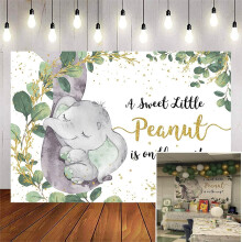 Greenery Elephant Backdrop - Baby Shower Party Decoration, A Little Peanut is On The Way, Gender Neutral Green Gold Jungle Botanical Photoshoot