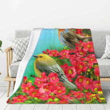 Dekentje met lentevogels en bloeiende bloemen, 102 x 76 cm, ultrazacht en warm fleece voor thuis, bed, bank, buitenreizen en kamperen.