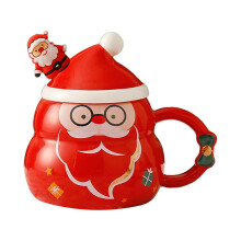 Keramische kerstmok met deksel en lepel, met kerstman- en sneeuwpopmotief, grote waterfles, geschikt als kerstcadeau.
