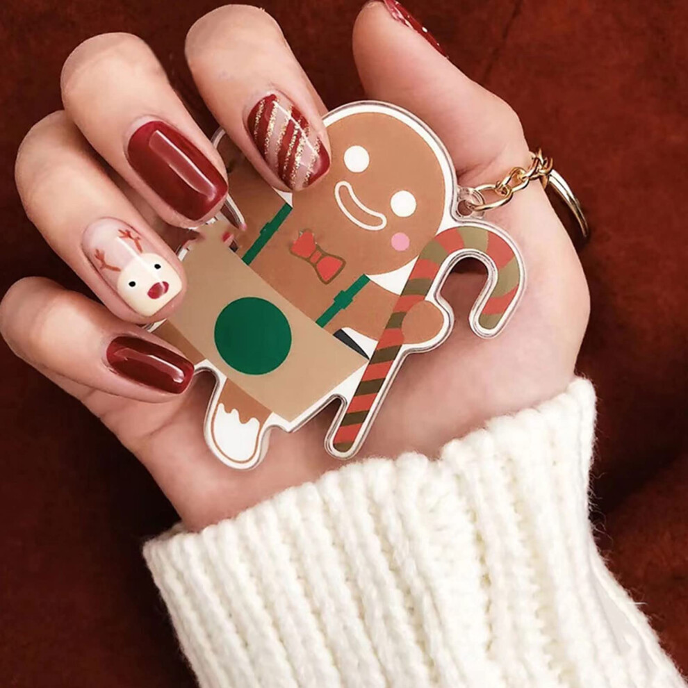 24PCS Christmas Elk Design Press On Nails Glossy Short Squoval Acrylic Fake Nails Set with Adhesive