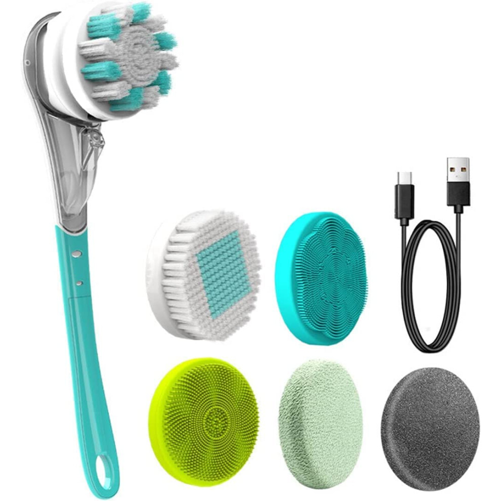 Electric Body Brush with Long Handle, USB Rechargeable IPX7 Waterproof Shower Spin Scrubber 6 Heads