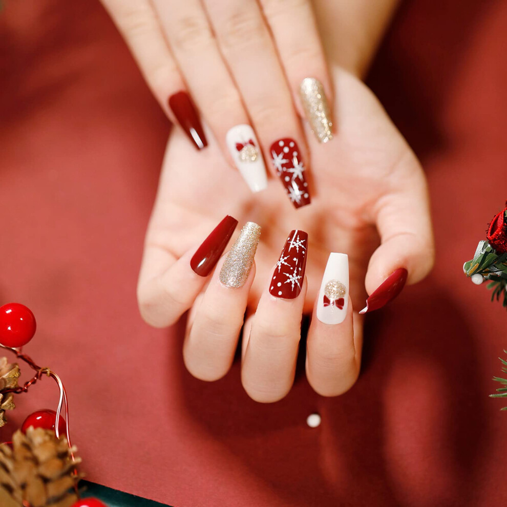 Gold Christmas Press On Nails Set With Snowflake And Glitter, 24Pcs Fake Acrylic Nails For Women