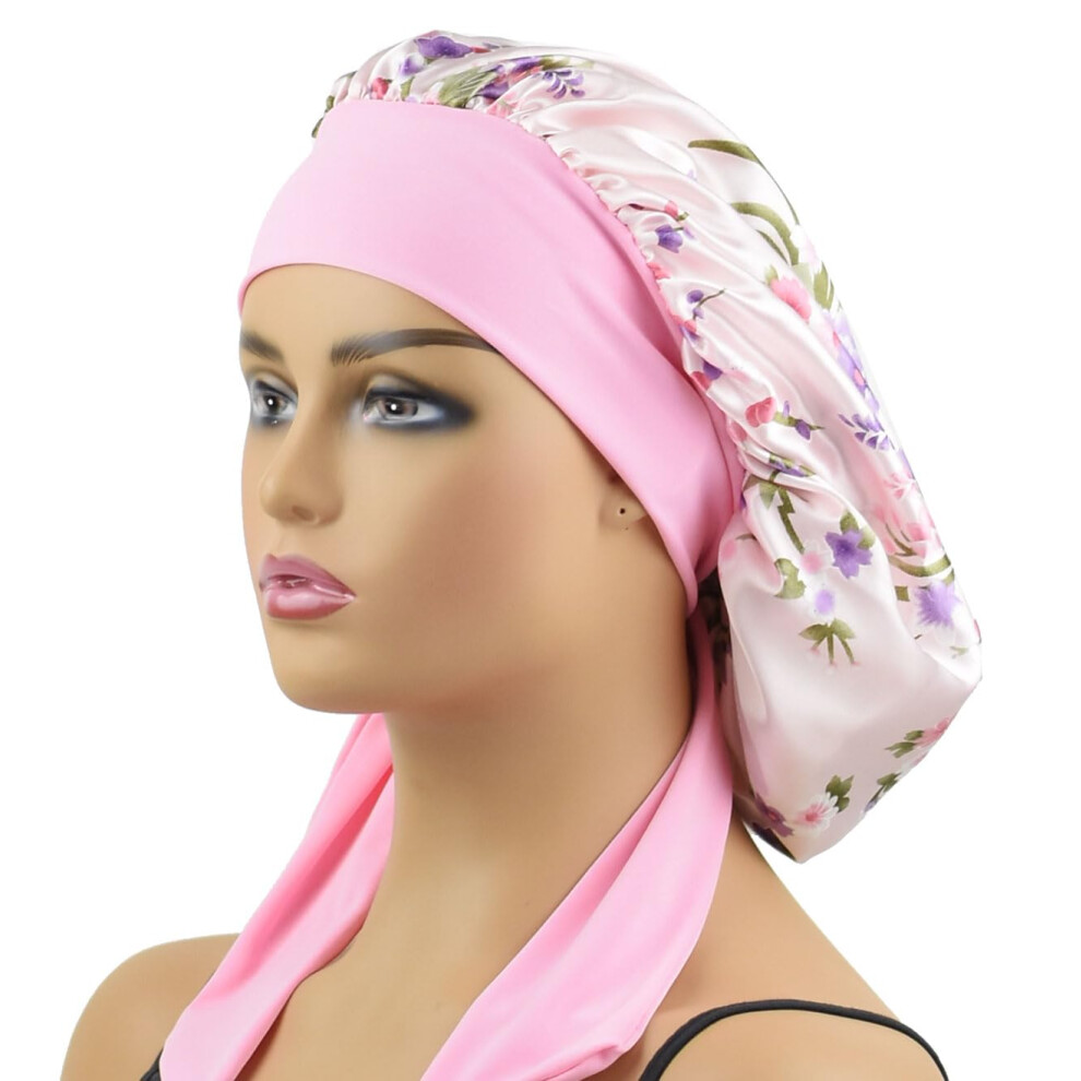 Unisex Pink Large Satin Sleep Bonnet For Curly Hair With Adjustable Floral Tie And Frizz Reduction