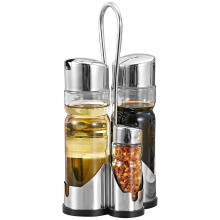 Salt and Pepper Shakers Set with Oil and Vinegar Dispensers, Glass Bottles in Stainless Steel Holder for Kitchen Countertop