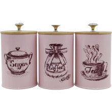 3-teiliges Küchenbehälter-Set für Kaffee, Tee und Zucker, moderne Aufbewahrungsbehälter aus Eisen mit dekorativen, staubdichten Deckeln, rosa