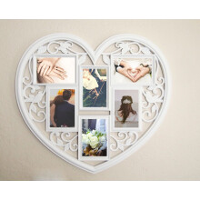 Cornice portafoto a collage con 6 immagini, da appendere al muro, a forma di cuore, con foto di famiglia multiple.