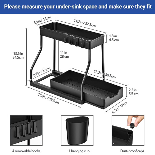 Sliding 2-Tier Under Sink Organizer - Pull Out Drawer Rack for Kitchen & Bathroom Storage, Black 1