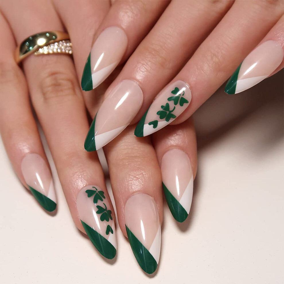 Green St. Patrick's Day Press On Nails Clover Almond Shape Medium French False Nail Kit For Women