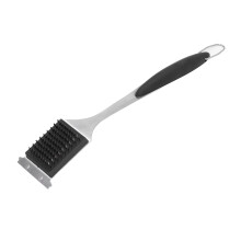 Cepillo para parrilla de acero inoxidable con mango largo, raspador 2 en 1, no raya, no deja residuos, duradero y portátil, color plata.