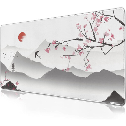 Mouse Pad με άνθη κερασιάς 31,5x15,7 ίντσες, λευκό, μεγάλο, γραφικό, με αντιολισθητική βάση