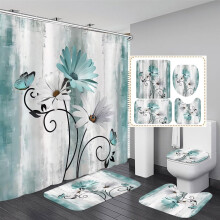 Farmhouse Shower Curtain Set 4pcs, Teal Daisy Floral Bath Rug & Accessories, Compatible with Rustic Country Bathrooms, 12 Hooks Included