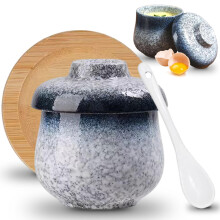 Egg Coddler Ceramic Cups with Lids and Wooden Tray Retro Style for Steamed Eggs Breakfast
