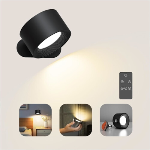 Applique murale à piles, éclairage intérieur orientable à 360, 3 modes de couleur, 3 niveaux de luminosité, commande tactile, noir
