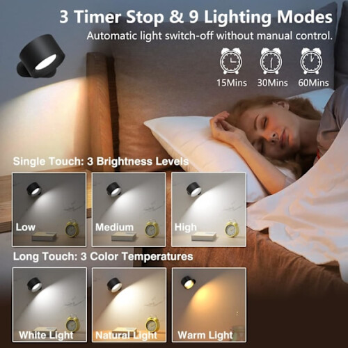 Applique murale à piles, éclairage intérieur orientable à 360, 3 modes de couleur, 3 niveaux de luminosité, commande tactile, noir 1