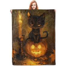 Halloweenská deka s černou kočkou, útulná fleecová deka s roztomilým potiskem kočky a dýně, měkká a hřejivá, 152 x 202 cm, ideální na