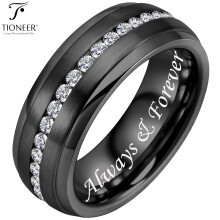 Alliance en carbure de tungstène sertie de zirconiums cubiques blancs, style éternité, bords étagés, disponible en argent ou noir, 8 mm